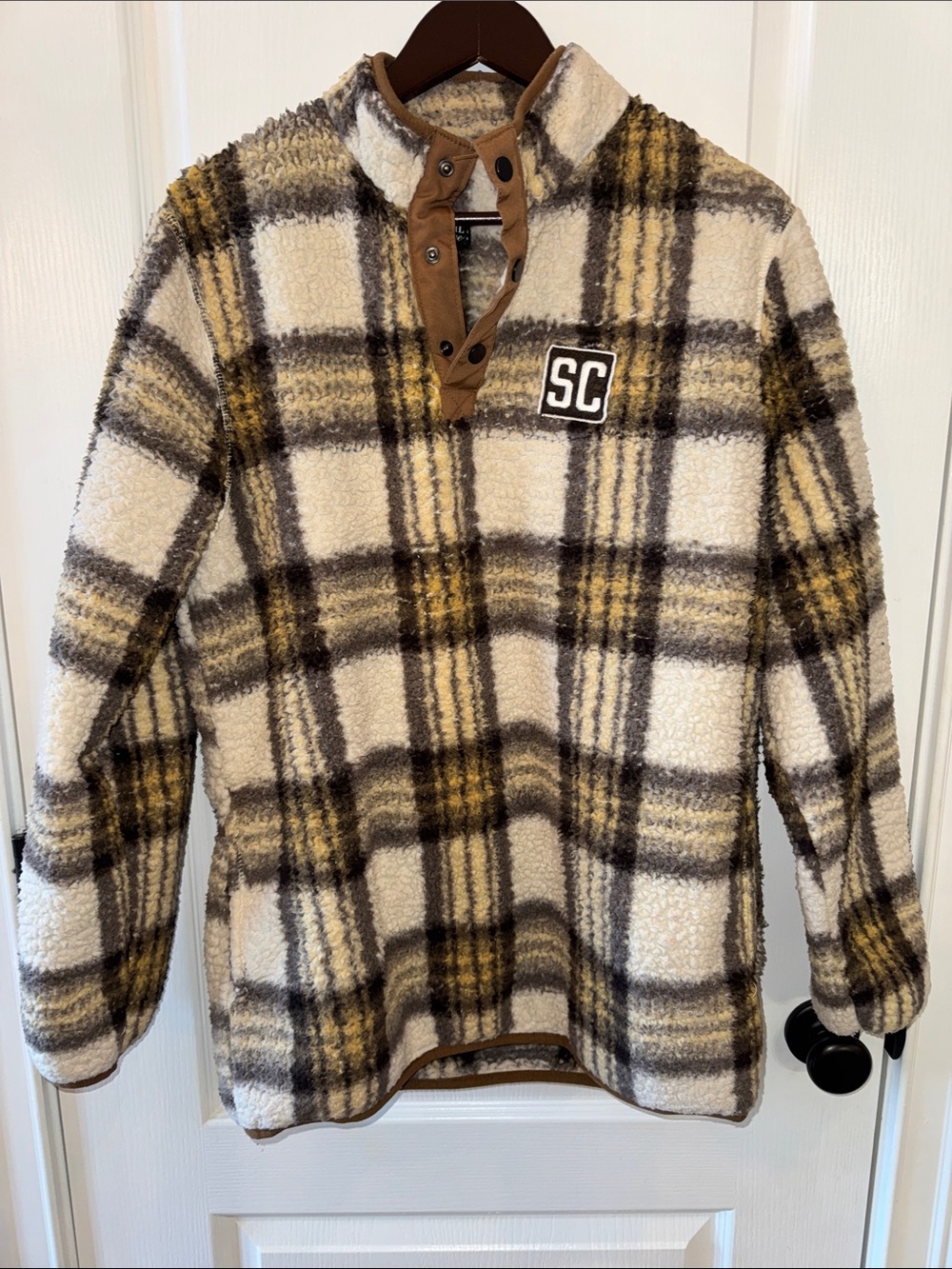 SC Plaid Sherpa Pullover - Cream, Brown & Yellow